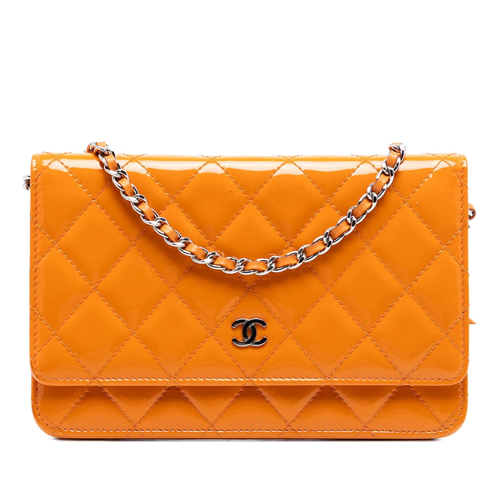 Orange Quilted Patent Leather Wallet on Chain by Chanel CC: Orange Quilted Patent Leather Wallet on Chain by Chanel CC This Chanel CC Quilted Patent Wallet on Chain features an orange patent leather body with signature quilted design, a leather-woven chain lin