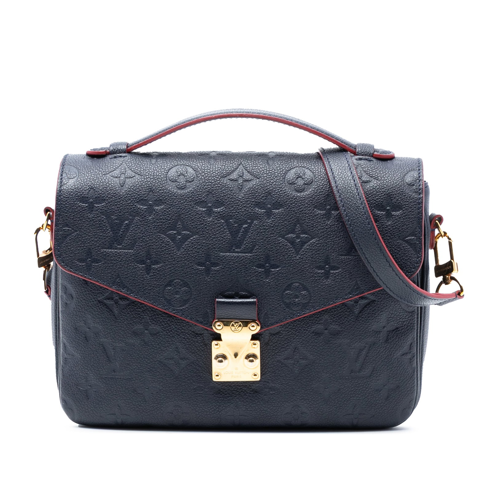 Louis Vuitton Pochette Metis Blue Monogram Empreinte Leather Shoulder Bag: Louis Vuitton Pochette Metis Blue Monogram Empreinte Leather Shoulder Bag This Louis Vuitton Pochette Metis features a monogram empreinte leather body in blue, a flat leather top handle, a detachable