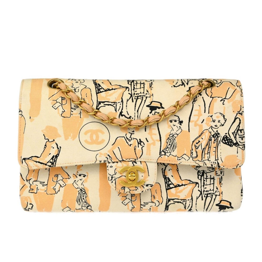 Chanel Classic Double Flap Shoulder Bag Peach White Cotton (1 of 11)