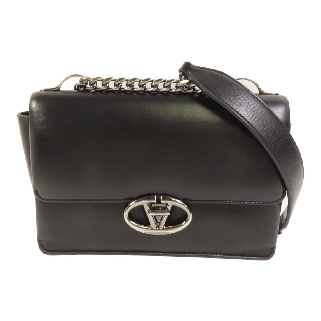Valentino Black Lambskin Small Vlogo Shoulder Bag: Valentino Black Lambskin Small Vlogo Shoulder Bag This Valentino small Vlogo shoulder bag is crafted from black lambskin leather. It features a sleek design with a regular size and a black frame. Made