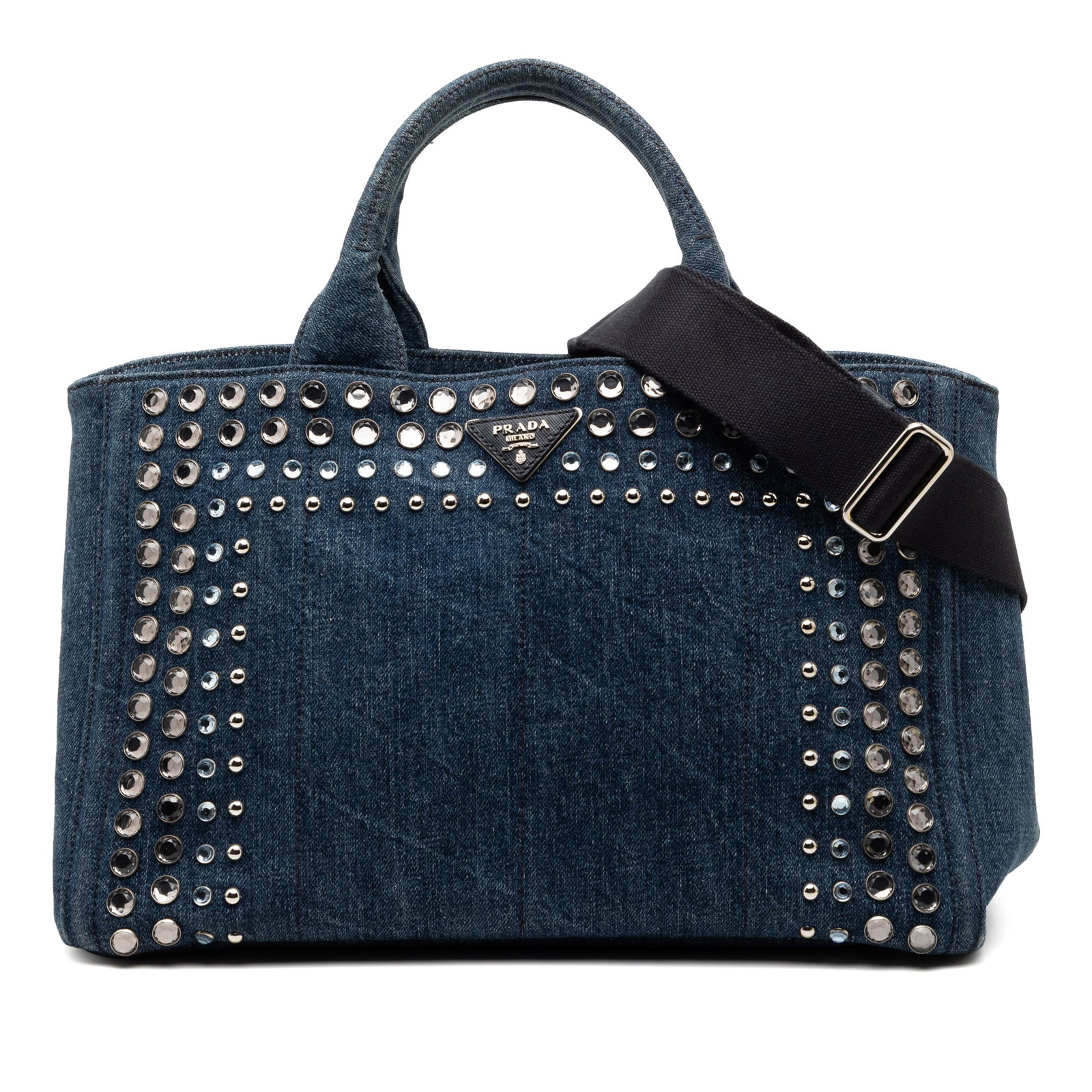 Prada Blue Denim Satchel With Studded Detailing and Canvas Strap (1 of 7)
