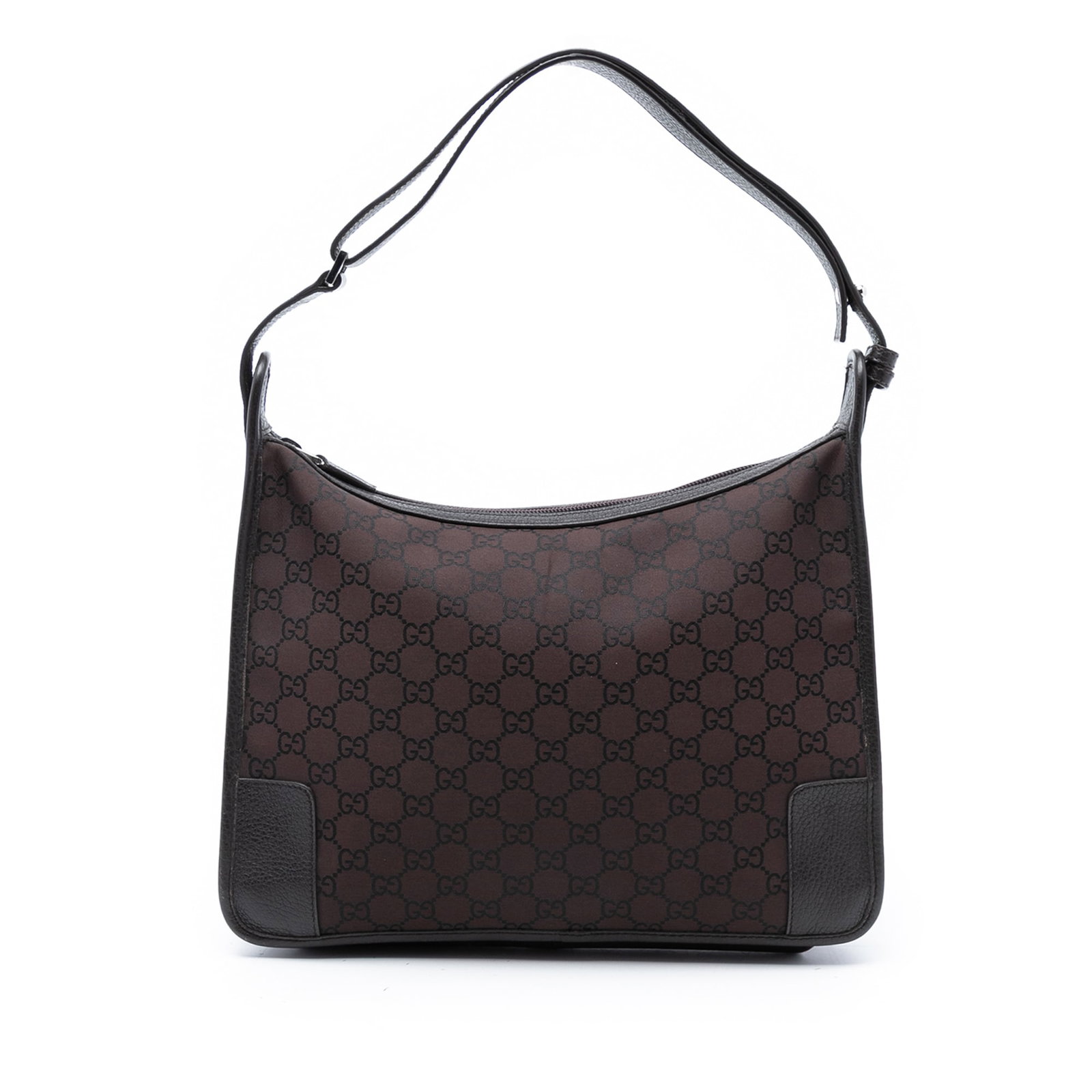 Gucci Brown GG Canvas Shoulder Purse with Leather Trim: Gucci Brown GG Canvas Shoulder Purse with Leather Trim This Gucci GG Canvas Shoulder Bag features a canvas body with leather trim, a flat leather strap, a top zip closure, and an interior zip pocket.