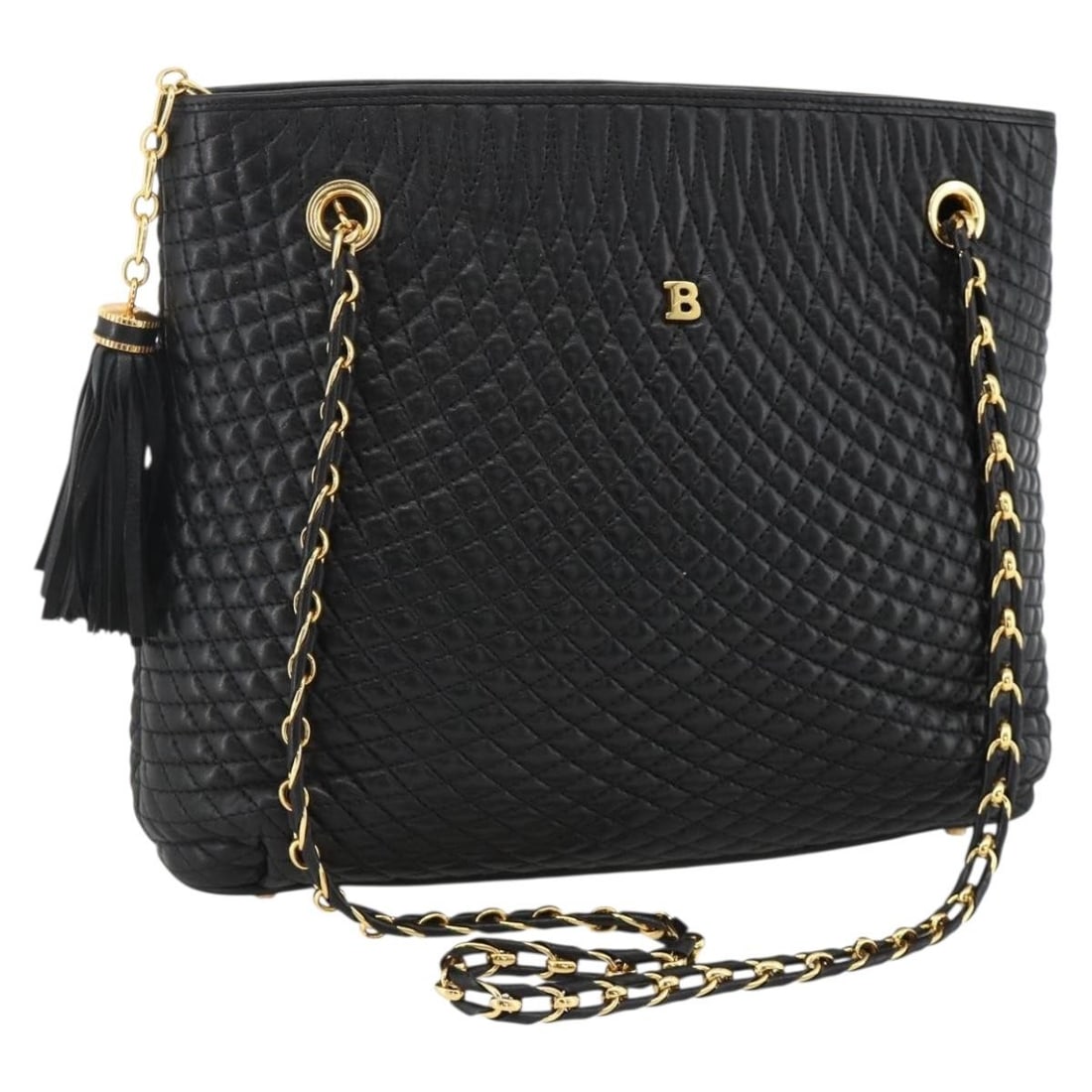 Bally Black Leather Quilted Shoulder Bag with Chain Strap Gold Tone: Bally Black Leather Quilted Shoulder Bag with Chain Strap Gold Tone This BALLY quilted chain shoulder bag features a classic black leather exterior with gold accents. Designed for women, the bag is cr