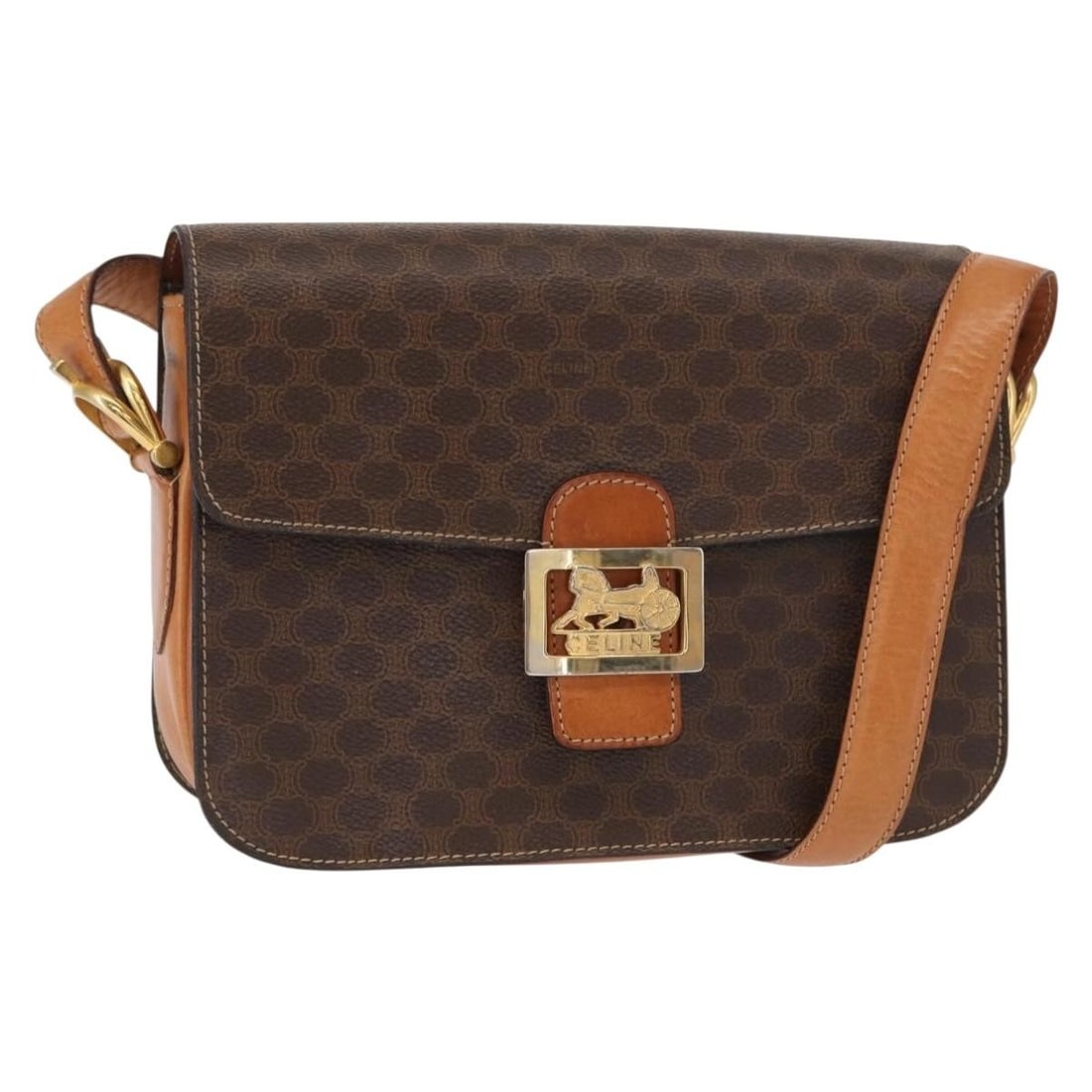 Celine Macadam Brown Canvas Shoulder Bag with Leather Trim: Celine Macadam Brown Canvas Shoulder Bag with Leather Trim This Celine Macadam shoulder bag features a brown canvas exterior and is designed for women. The bag shows notable signs of wear, including r