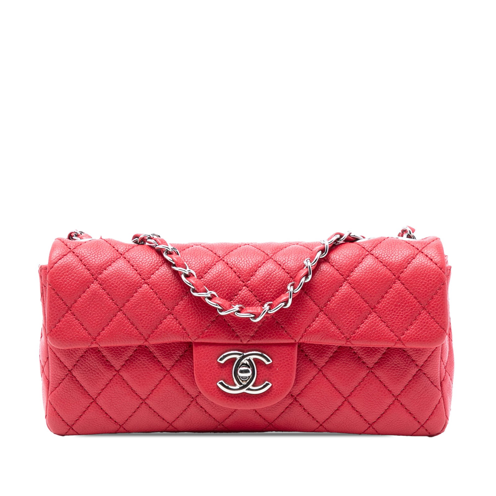 Chanel Red Quilted Caviar Leather East West Classic Flap Bag: Chanel Red Quilted Caviar Leather East West Classic Flap Bag This Chanel Classic Caviar East West Single Flap bag features a quilted caviar leather exterior in red, leather-woven chain straps, a front