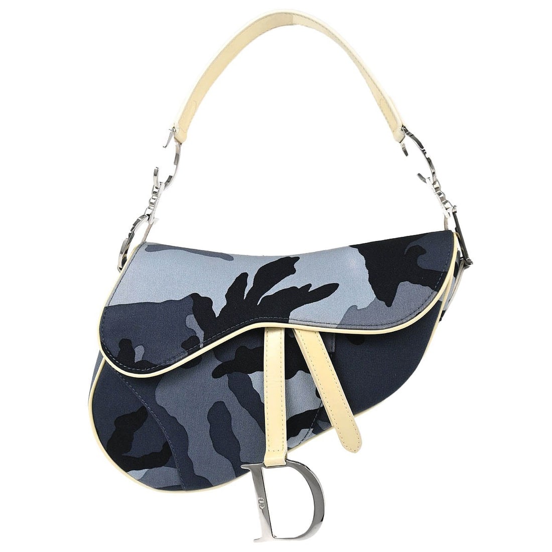 Dior Saddle Bag Blue Camouflage Canvas Medium Shoulder Handbag: Dior Saddle Bag Blue Camouflage Canvas Medium Shoulder Handbag This Christian Dior Saddle handbag features a blue camouflage canvas design with leather accents. It is a medium-sized bag with a shoulde