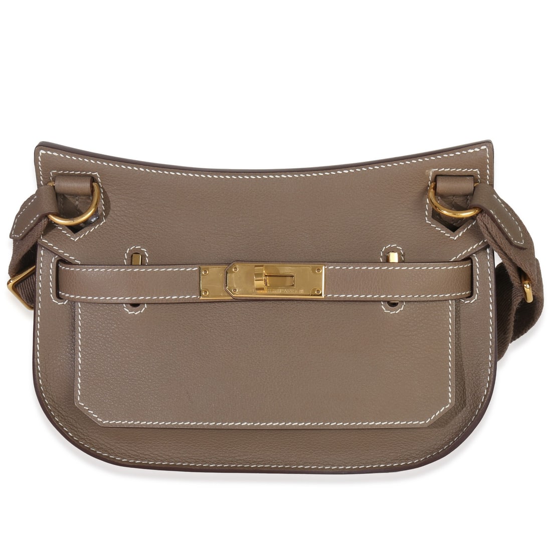 Mini Jypsiere Shoulder Bag in Etoupe Leather with Gold Tone Hardware: Mini Jypsiere Shoulder Bag in Etoupe Leather with Gold Tone Hardware This Hermes Mini Jypsiere shoulder bag features Etoupe Evercolor leather with a gray exterior and gold-tone hardware. It is designe