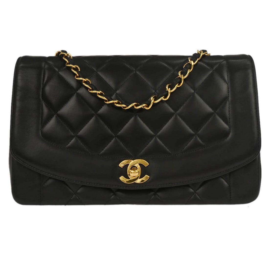 Medium Diana Shoulder Bag in Black Lambskin with Chain Strap: Medium Diana Shoulder Bag in Black Lambskin with Chain Strap This Chanel Diana shoulder bag is crafted from black quilted lambskin leather and features a flap turnlock closure. The medium-sized bag is