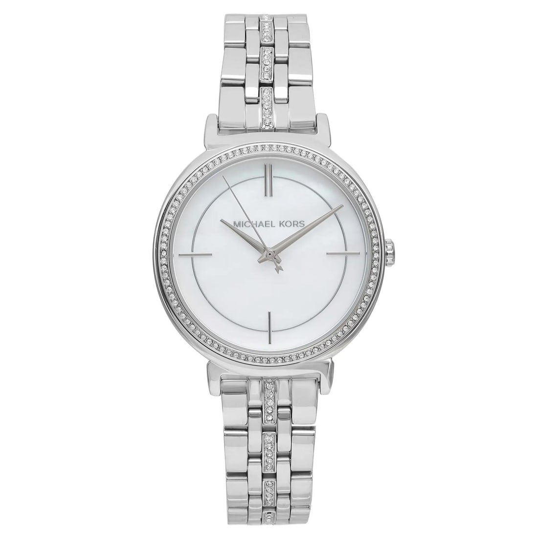 Michael Kors Cinthia 33mm Stainless Steel MOP Crystal Bezel Quartz Watch MK3641: Michael Kors Cinthia 33mm Stainless Steel MOP Crystal Bezel Quartz Watch MK3641 This stunning Michael Kors Cinthia wristwatch features a sophisticated 33mm round case crafted from polished stainless s