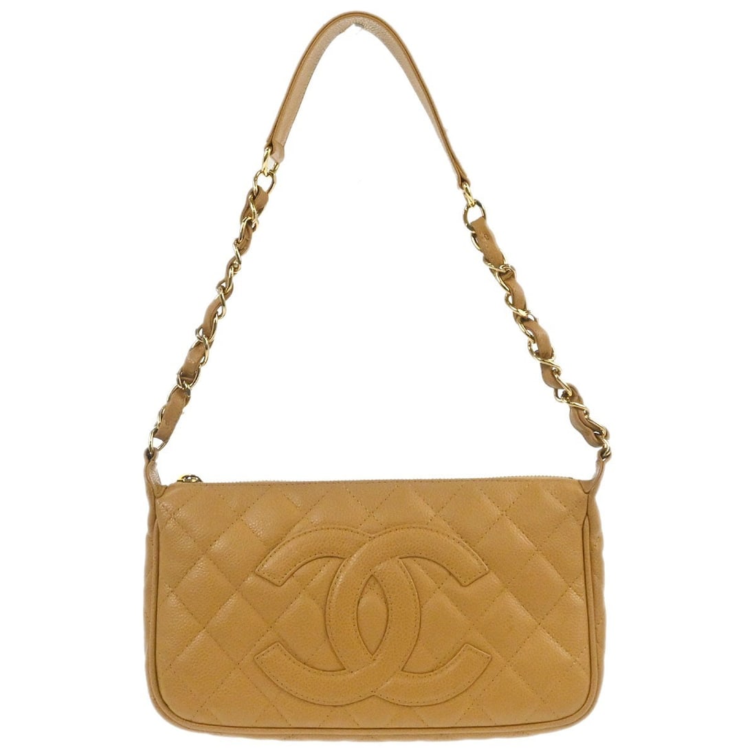 Chanel Caviar Medium Beige Shoulder Bag with Chain Strap: Chanel Caviar Medium Beige Shoulder Bag with Chain Strap This Chanel shoulder bag features beige caviar calfskin leather with a zip closure and a medium size. It includes a shoulder strap with a 10-in