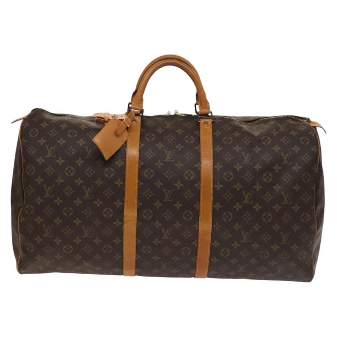 Louis Vuitton Keepall Travel Bag Brown Monogram Canvas Unisex 60cm: Louis Vuitton Keepall Travel Bag Brown Monogram Canvas Unisex 60cm This Louis Vuitton Keepall Bag features the iconic Monogram Canvas in brown and is designed for unisex use. The bag shows signs of pr