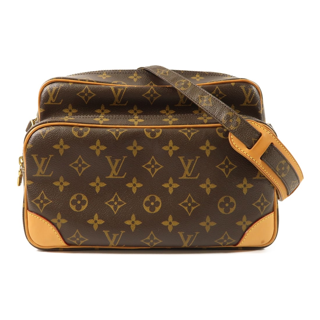 Louis Vuitton Nile Monogram Shoulder Bag with Gold Hardware M45244: Louis Vuitton Nile Monogram Shoulder Bag with Gold Hardware M45244 This Louis Vuitton Nile crossbody shoulder bag features the iconic LV monogram on durable brown PVC coated canvas. The bag is designe