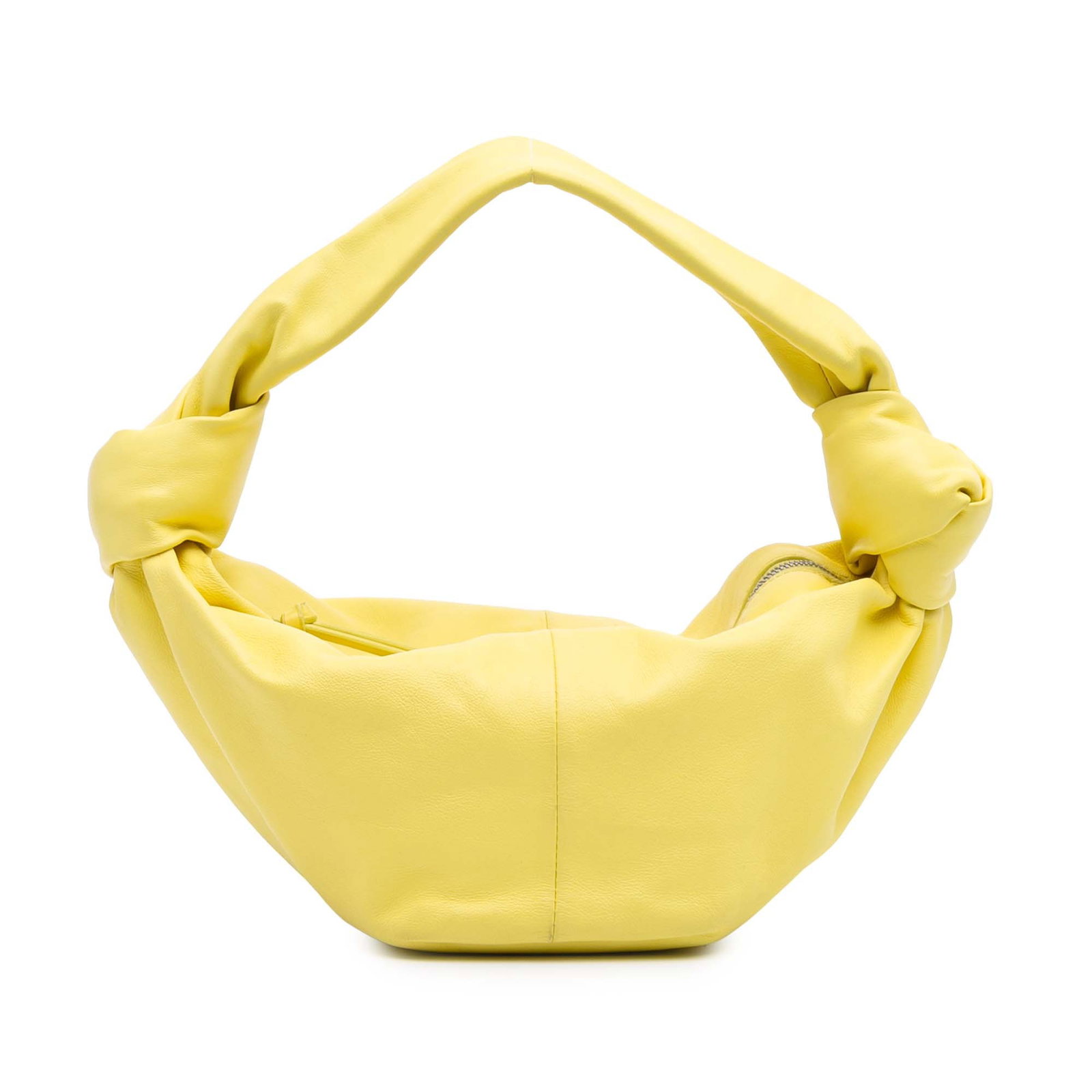Bottega Veneta Mini Calfskin Double Knot Leather Bag Yellow: Bottega Veneta Mini Calfskin Double Knot Leather Bag Yellow This Bottega Veneta Mini Calfskin Double Knot bag is a chic and stylish accessory, crafted from high-quality leather in a vibrant yellow hue