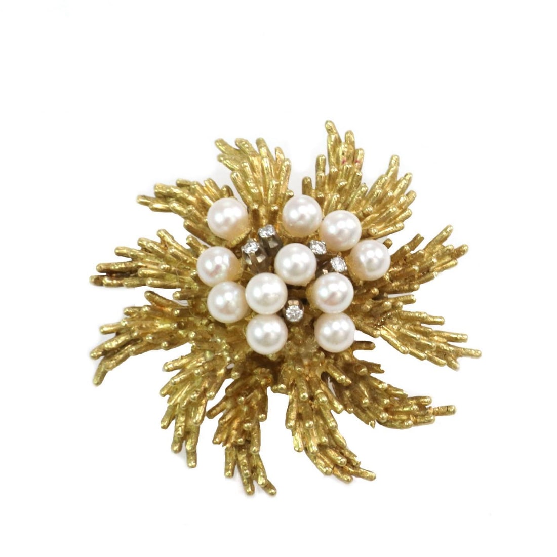 Tiffany & Co. Vintage 18k Gold Diamond Pearl Flower Brooch: Tiffany & Co. Vintage 18k Gold Diamond Pearl Flower Brooch Elevate your accessory collection with this stunning vintage brooch, expertly crafted from 18k yellow gold. The design features textured spik