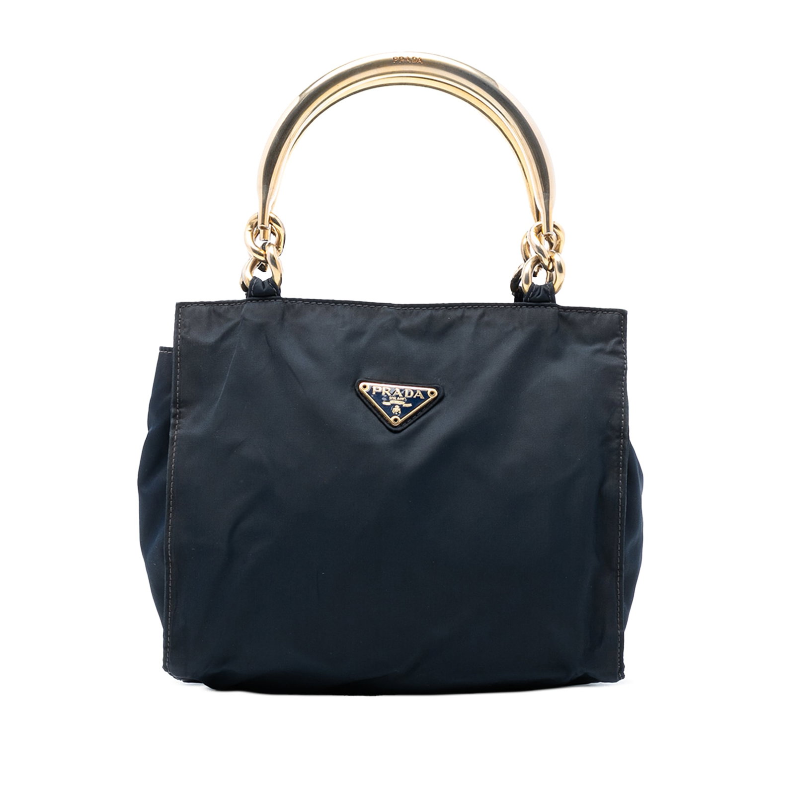 Prada Tessuto Blue Nylon Bag with Gold Tone Metal Handles: Prada Tessuto Blue Nylon Bag with Gold Tone Metal Handles This Prada Tessuto Metal Handle Bag showcases a blue nylon fabric body with gold-tone metal top handles, a top zip closure, and an interior zi