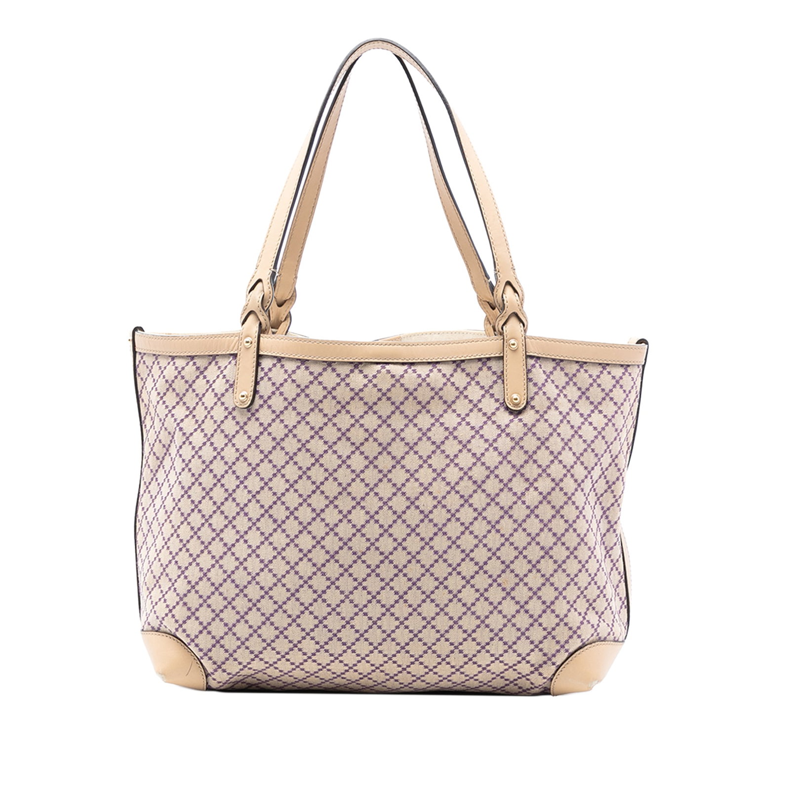 Medium Diamante Canvas Tote Bag with Leather Trim by Gucci: Medium Diamante Canvas Tote Bag with Leather Trim by Gucci This Gucci Medium Diamante Canvas Craft Tote features a beige canvas body with leather trim, flat leather handles, an open top with a lobster