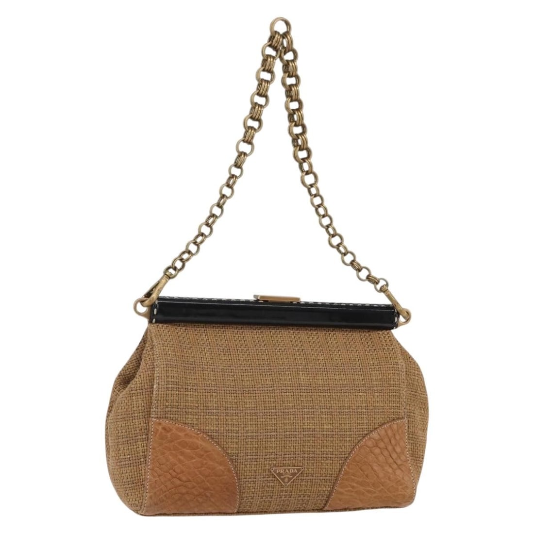 PRADA Raffia Chain Shoulder Bag Beige Gold Authentic 158888SAV (1 of 18)