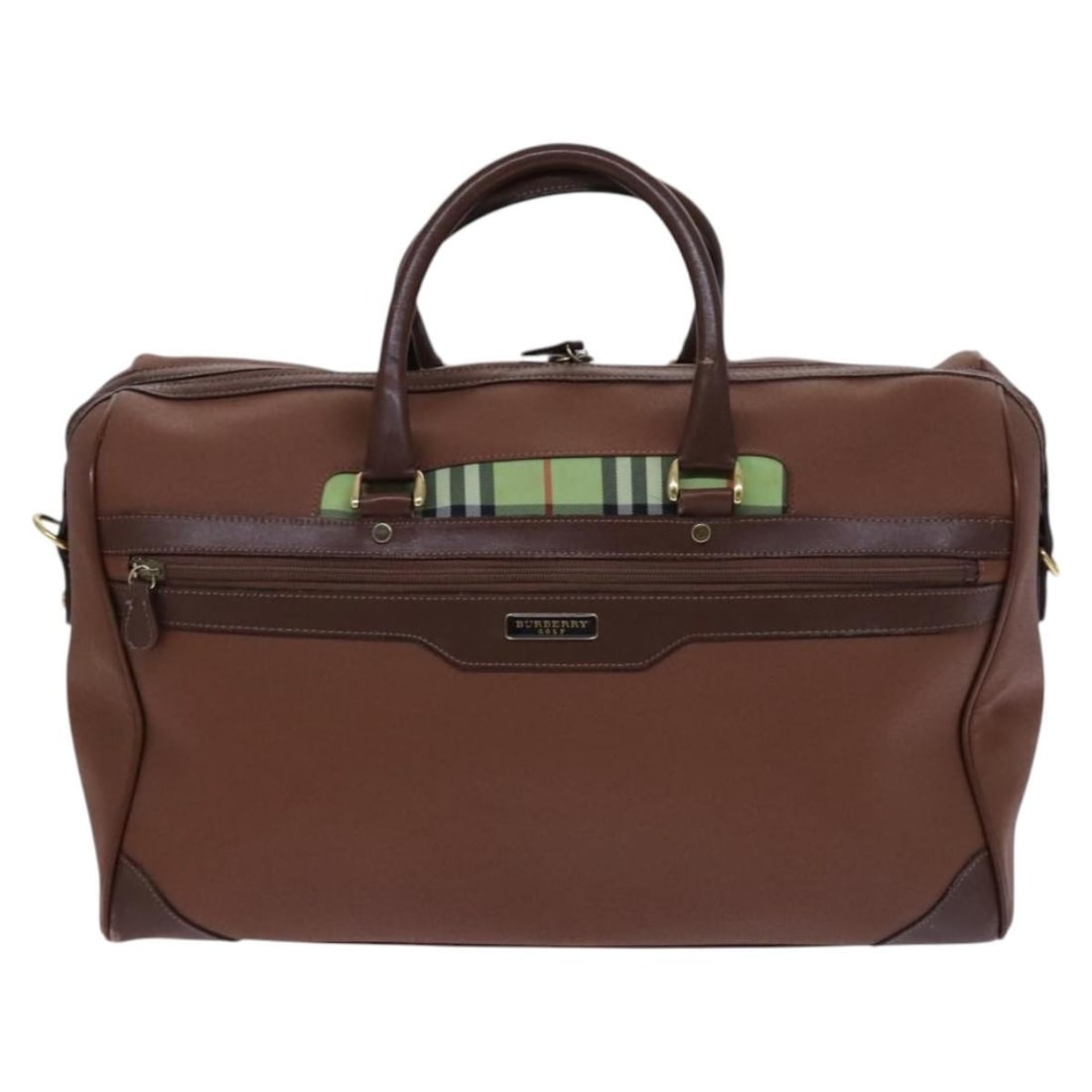 Burberry Boston Bag with Front Pocket in Brown Leather and Canvas: Burberry Boston Bag with Front Pocket in Brown Leather and Canvas This Burberry Front Pocket Zip Boston Bag features the iconic House Check canvas with leather accents in a brown colorway. Designed fo