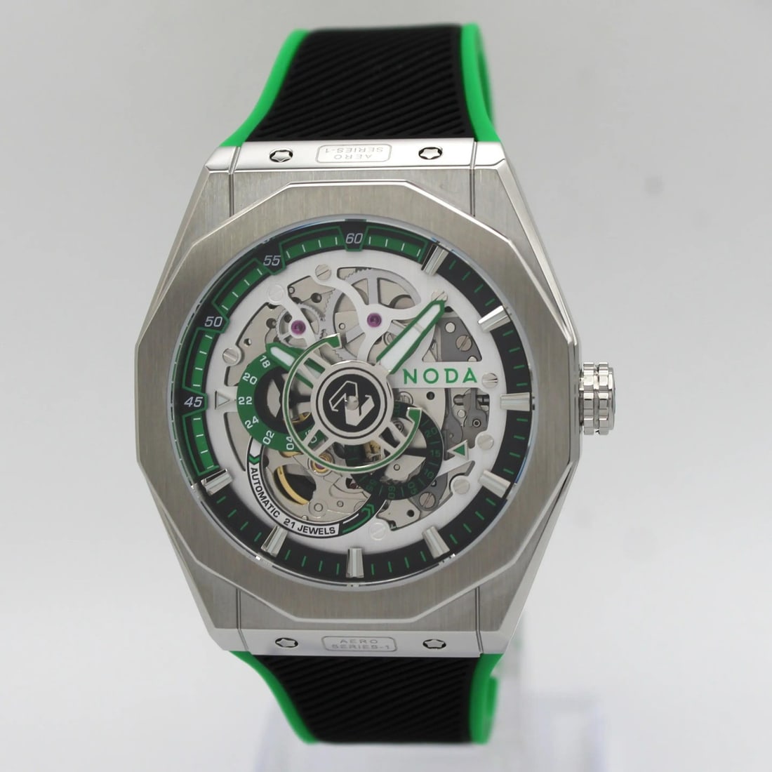 Noda Aero Series-1 Green Skeleton Dial 43mm Automatic Stainless Steel Watch: Noda Aero Series-1 Green Skeleton Dial 43mm Automatic Stainless Steel Watch This un-used Noda Aero Series-1 automatic wristwatch features a 43 mm brushed stainless steel case with an octagon shape and