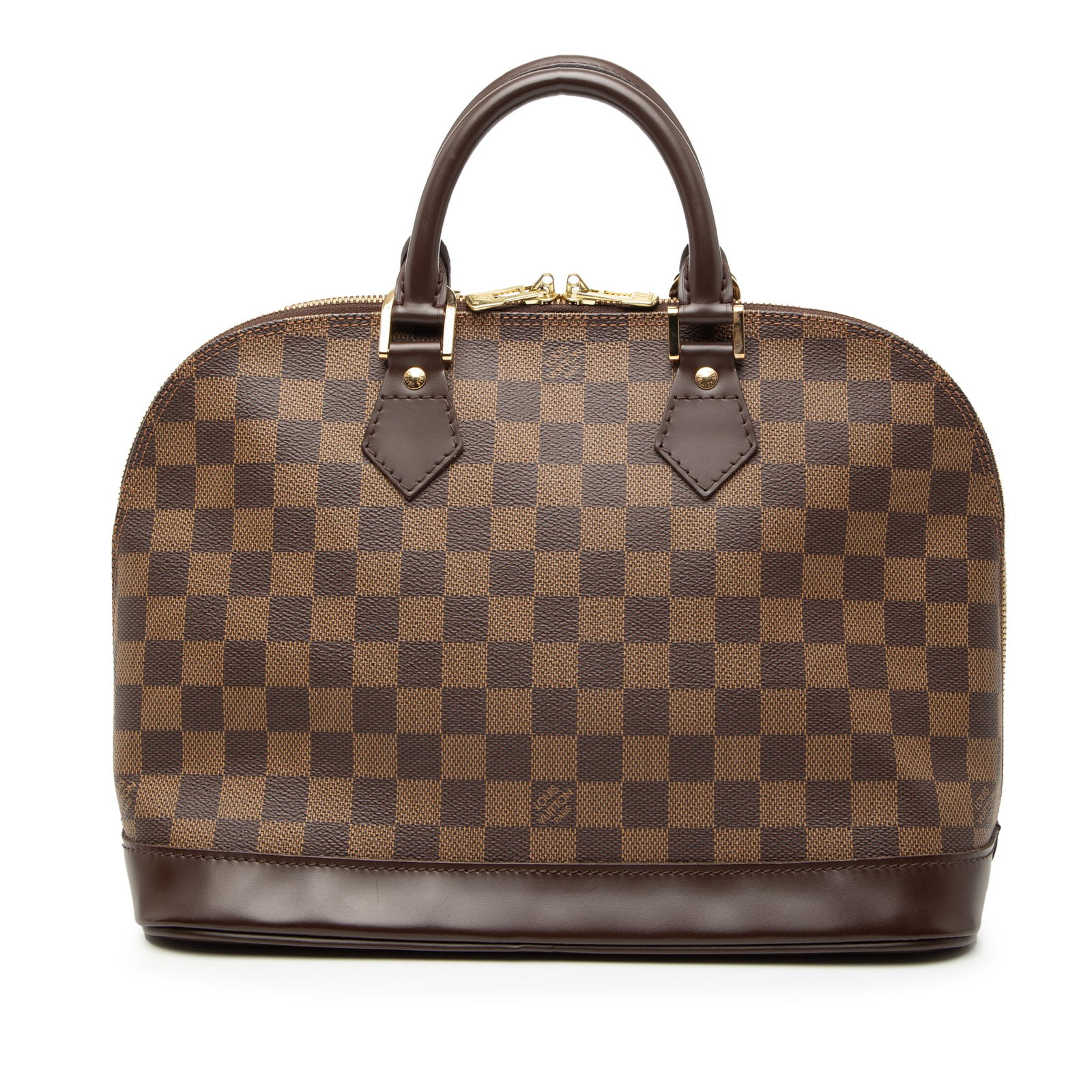 Louis Vuitton Alma PM Brown Damier Ebene Canvas Handbag with Leather Trim: Louis Vuitton Alma PM Brown Damier Ebene Canvas Handbag with Leather Trim This Louis Vuitton Damier Ebene Alma PM features the signature damier ebene canvas with leather trim and rolled leather handle