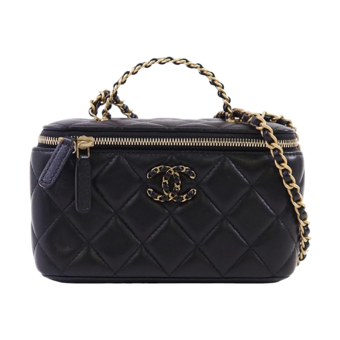 Black Chanel Lambskin Vanity Chain Shoulder Bag AP3663 Gold Hardware: Black Chanel Lambskin Vanity Chain Shoulder Bag AP3663 Gold Hardware This CHANEL vanity case handbag is crafted from luxurious black lambskin leather and features the signature CC logo. Designed for v