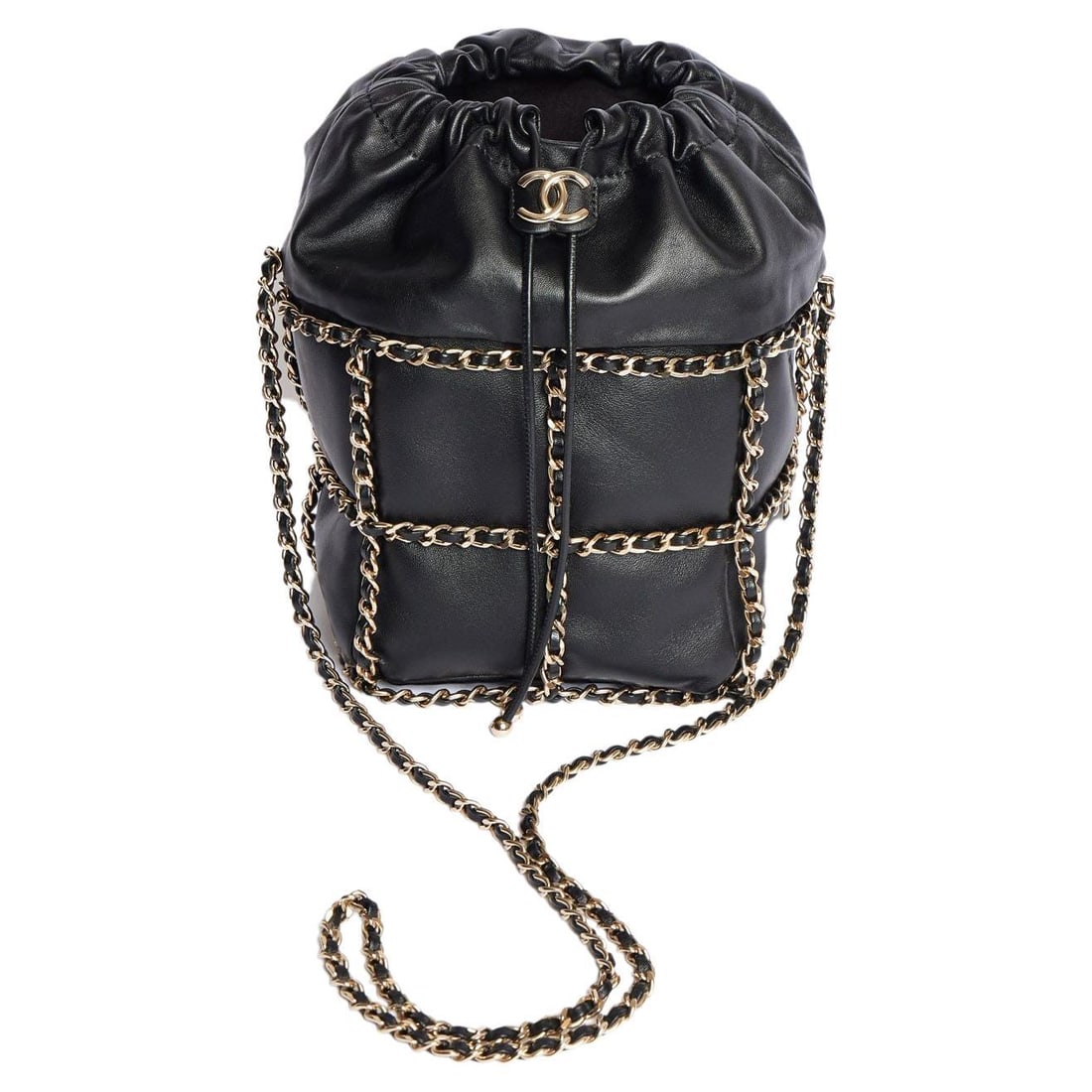 Chanel Collectible Bucket Bag with Gold Chain and Certificate 2020: Chanel Collectible Bucket Bag with Gold Chain and Certificate 2020 Presenting a stunning Chanel square bucket bag, crafted from ultra-smooth and soft lambskin. This collectible piece features a luxuri