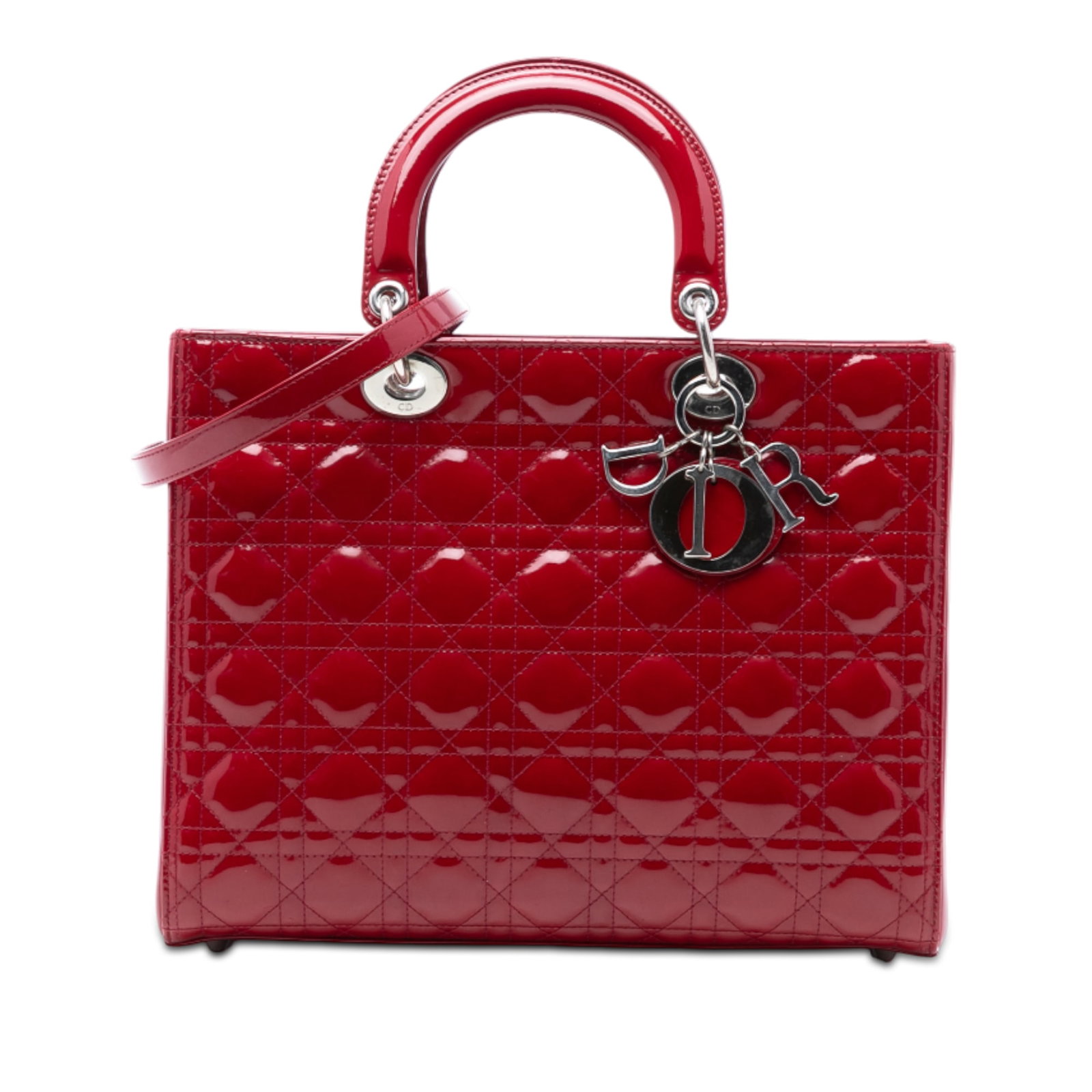 Dior Lady Dior Large Red Quilted Patent Leather Tote with Strap (1 of 7)