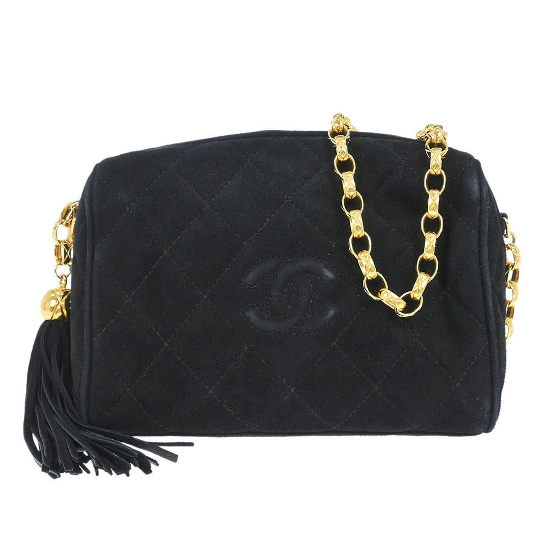 Chanel Mini Suede Shoulder Bag with Turn Lock Black: Chanel Mini Suede Shoulder Bag with Turn Lock Black This Chanel mini camera bag features a black suede exterior with a turn lock closure and a shoulder strap. Designed in a small size, it offers a com