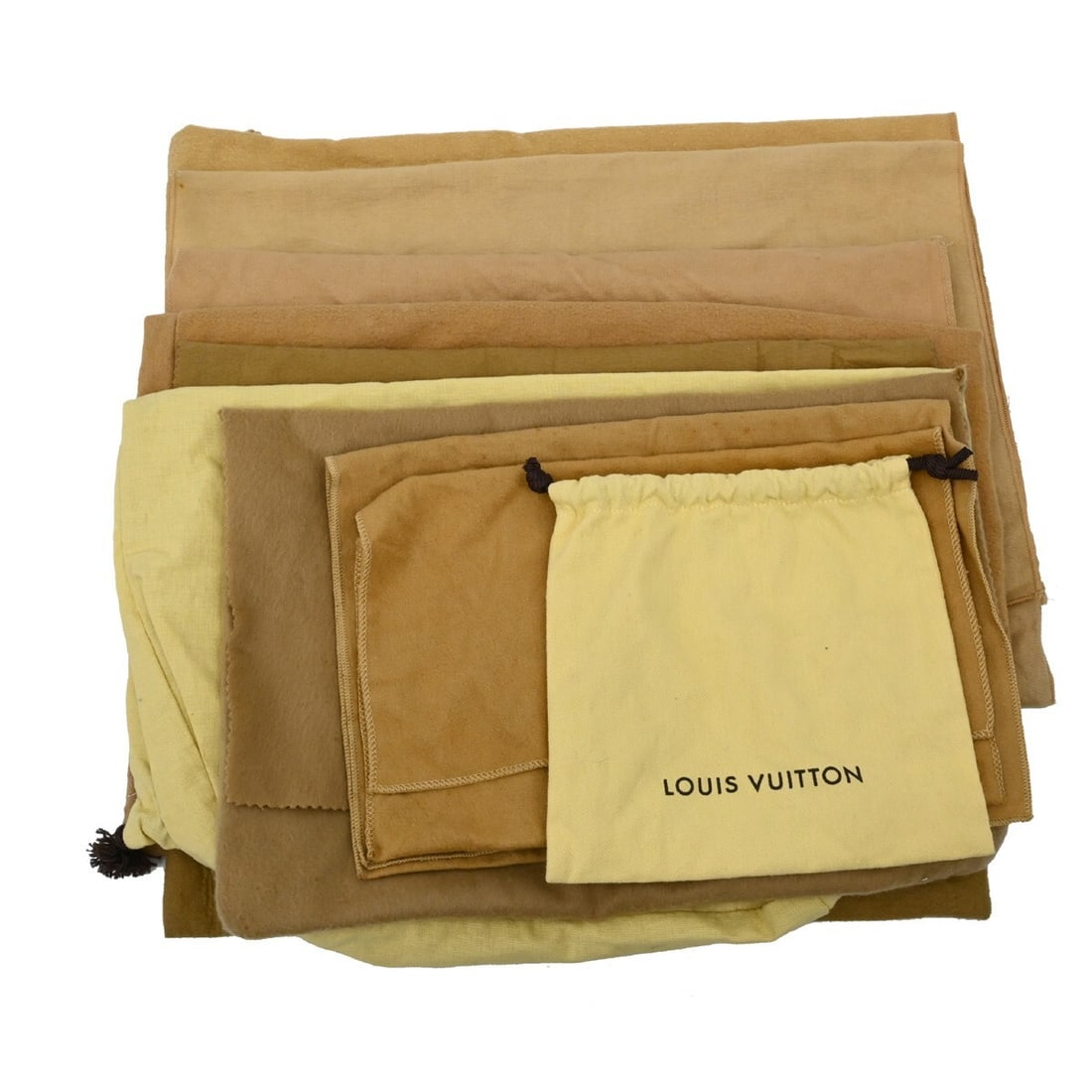 Set of 10 Louis Vuitton Brown Beige Cotton Dustbags: Set of 10 Louis Vuitton Brown Beige Cotton Dustbags This set includes ten authentic Louis Vuitton dust bags, designed for unisex use. Each dust bag is crafted from 100% cotton in brown and beige, prov