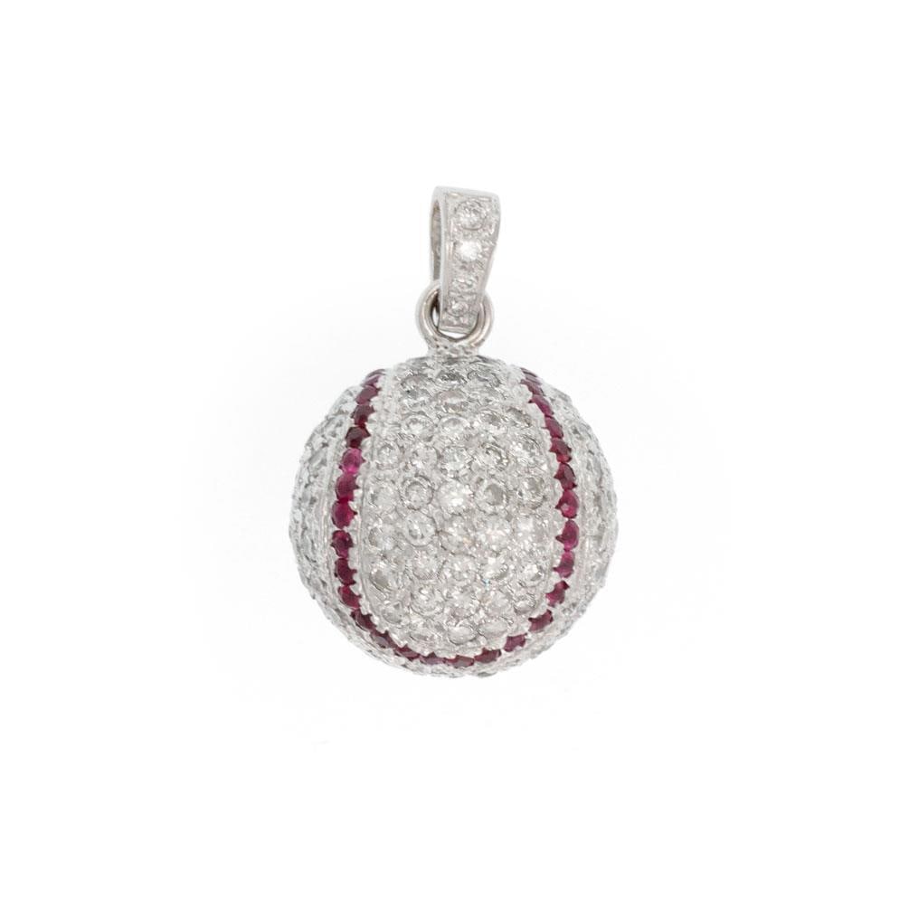 14k White Gold Diamond Ruby Baseball Pendant 6.50c Charm: 14k White Gold Diamond Ruby Baseball Pendant 6.50c Charm This exquisite pendant showcases a beautifully designed baseball that is fully encrusted with sparkling diamonds and accented with vibrant roun