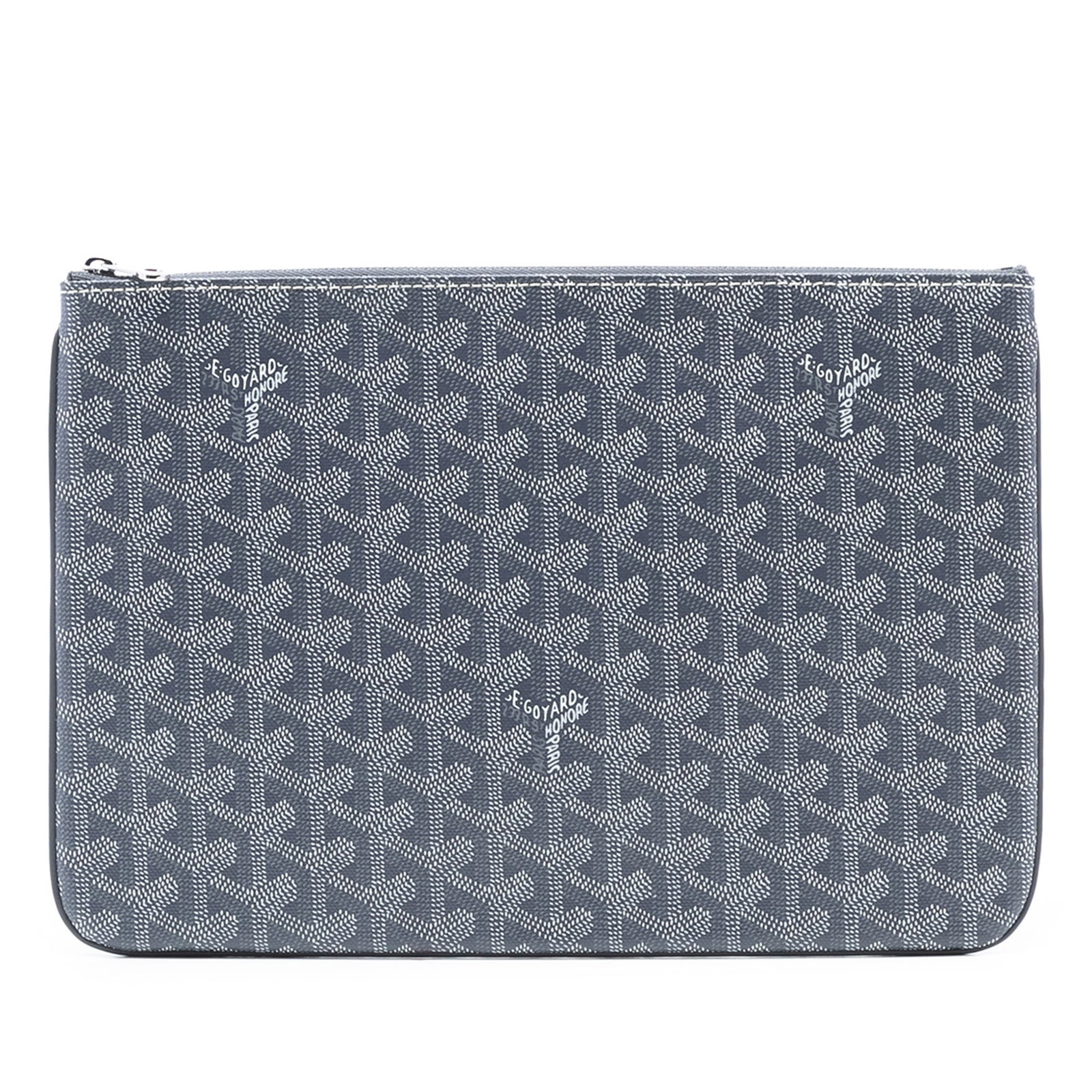 Goyard Goyardine Senat MM Gray Coated Canvas Zipper Pouch: Goyard Goyardine Senat MM Gray Coated Canvas Zipper Pouch The Senat MM features a durable coated canvas exterior in gray and is designed with a secure top zip closure. This versatile pouch is crafted