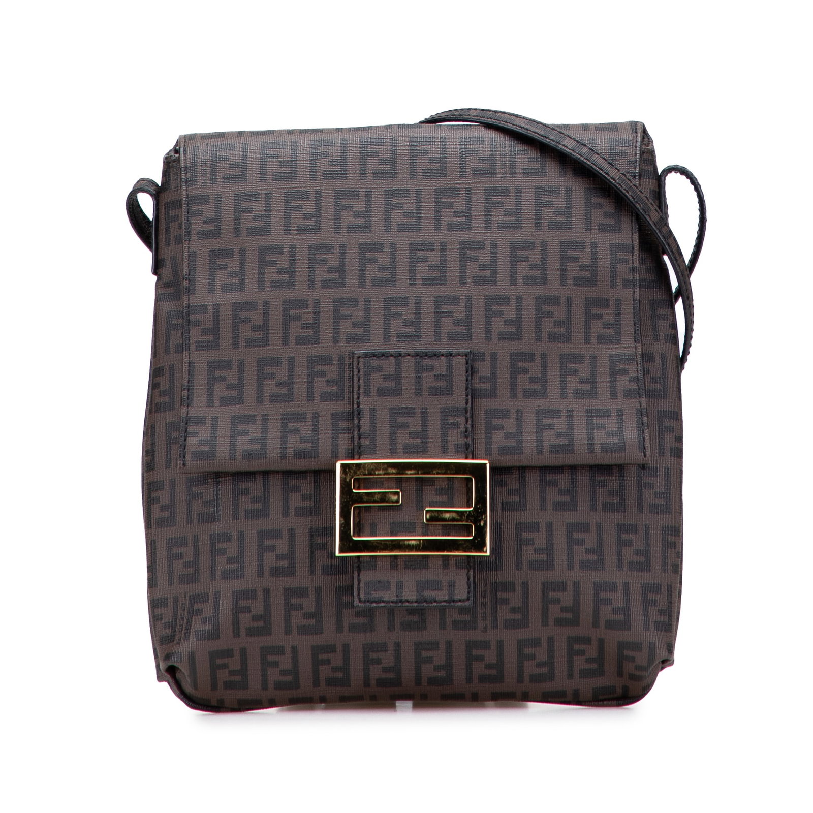 Fendi Zucchino Spalmati Brown Coated Canvas Crossbody Bag: Fendi Zucchino Spalmati Brown Coated Canvas Crossbody Bag Elevate your accessory collection with the Fendi Zucchino Spalmati Crossbody bag. Crafted from durable coated canvas, this stylish bag feature