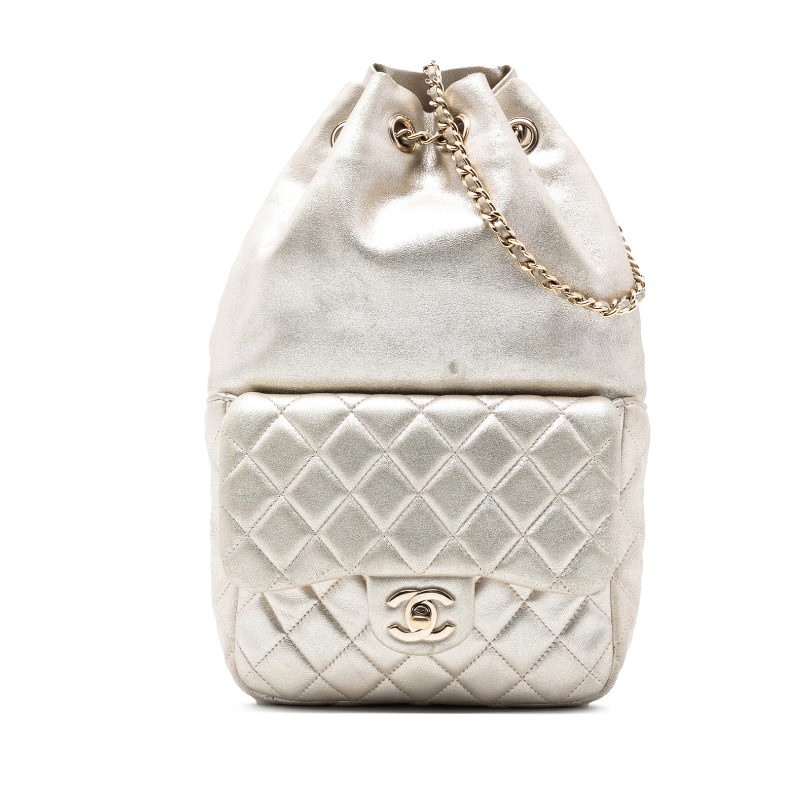 Chanel In Seoul Small Gold Quilted Metallic Lambskin Leather Backpack: Chanel In Seoul Small Gold Quilted Metallic Lambskin Leather Backpack This Chanel Small Metallic Lambskin In Seoul Backpack is crafted from quilted lambskin leather in a gold tone. It features leather
