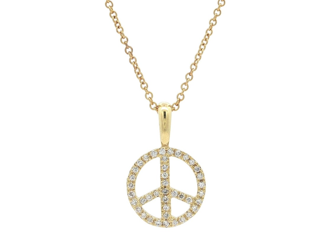18k Yellow Gold 0.28ctw Diamond Peace Symbol Pendant with 14k Chain: 18k Yellow Gold 0.28ctw Diamond Peace Symbol Pendant with 14k Chain This stunning pendant features an open peace symbol design, beautifully crafted in solid 18k yellow gold. It is adorned with 41 natu