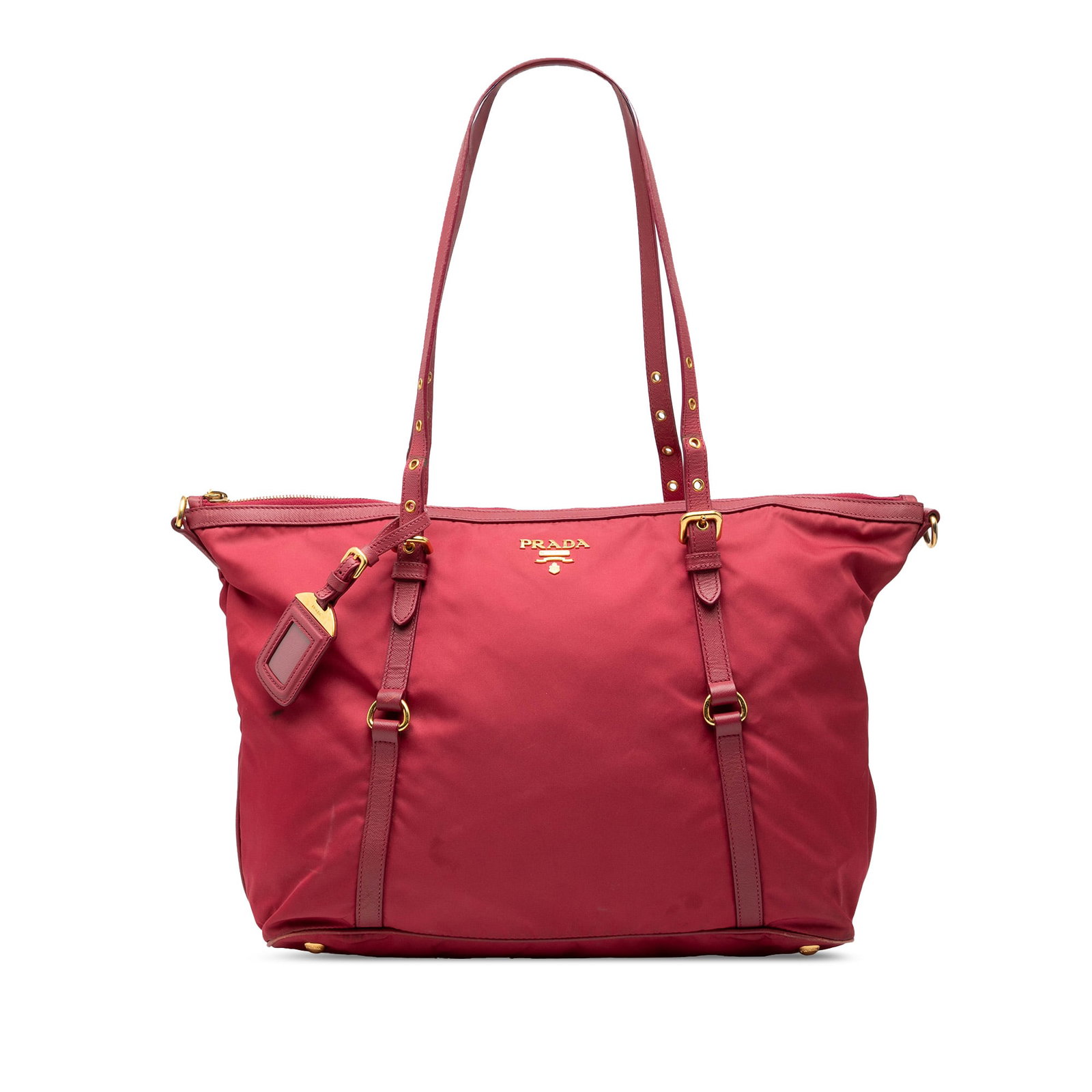 Prada Tessuto Convertible Tote with Saffiano Leather Trim Red Nylon Bag: Prada Tessuto Convertible Tote with Saffiano Leather Trim Red Nylon Bag This Prada Saffiano Trimmed Tessuto Zip Top Convertible Tote features a red nylon body with saffiano leather trim, adjustable fl