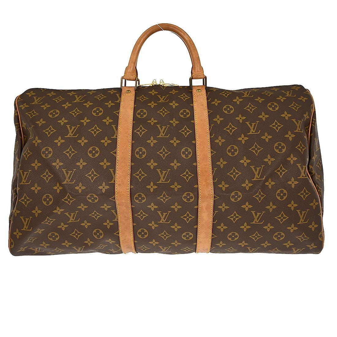 Keepall Brown Canvas Travel Duffel by Louis Vuitton: Keepall Brown Canvas Travel Duffel by Louis Vuitton This Louis Vuitton Keepall bag features the iconic monogram canvas in brown and is designed for unisex use. It is crafted from durable canvas with l