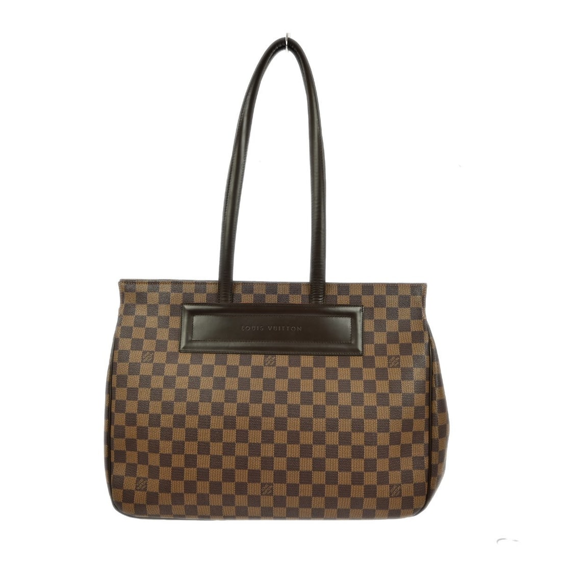 Parioli GM Damier Ebene Tote by Louis Vuitton N51124: Parioli GM Damier Ebene Tote by Louis Vuitton N51124 This Louis Vuitton Parioli GM tote bag features the iconic Damier Ebene canvas exterior with leather trim and double leather handles. The bag is st