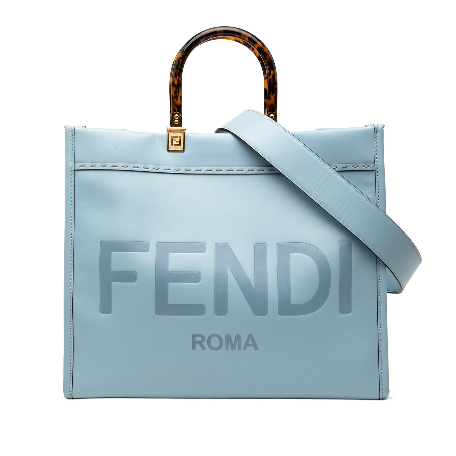 Fendi Sunshine Shopper Medium Blue Leather Tote with Acrylic Handles: Fendi Sunshine Shopper Medium Blue Leather Tote with Acrylic Handles This Fendi Medium Leather Sunshine Shopper Tote features a blue leather body with flat acrylic top handles and a detachable flat le