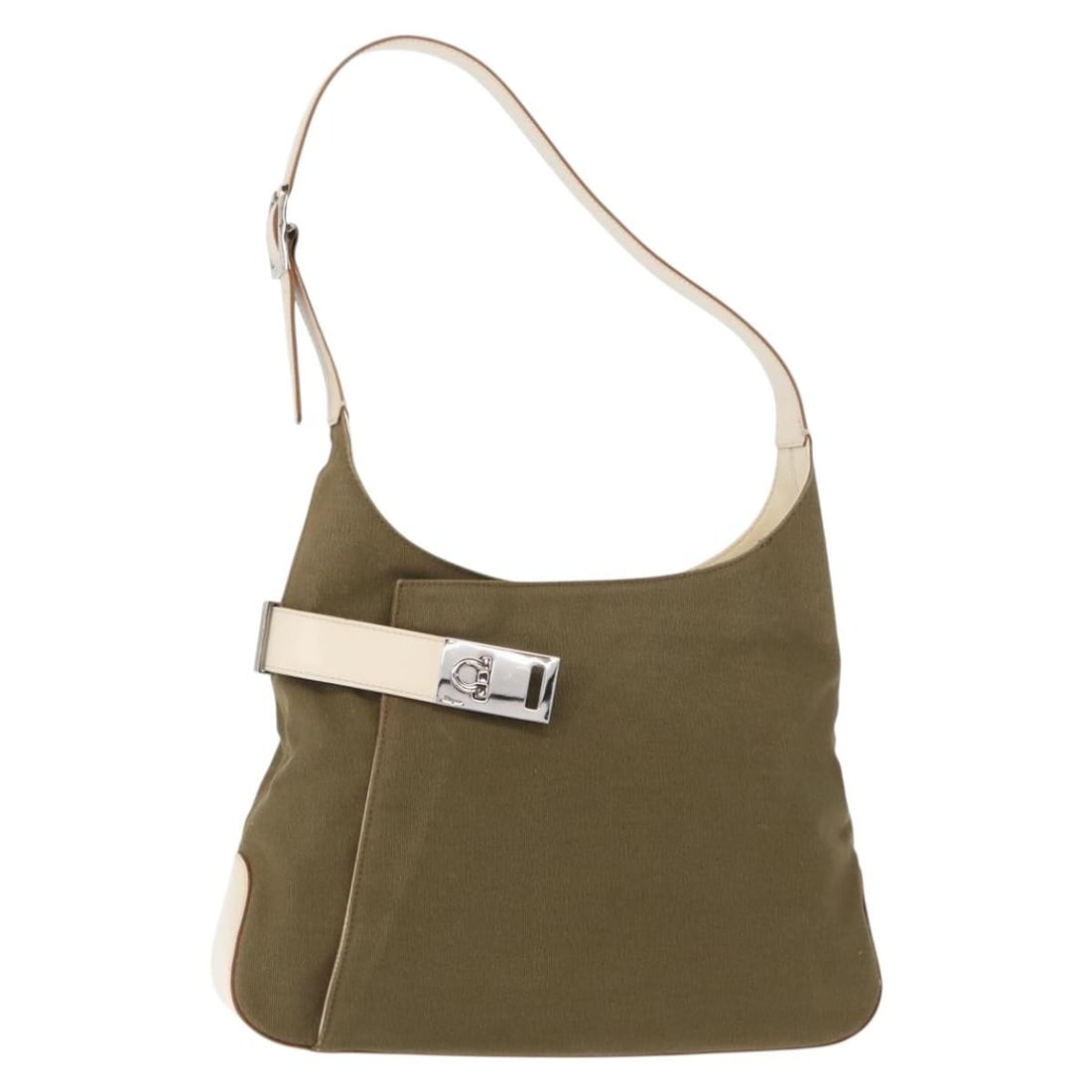 Gancini Canvas Shoulder Bag by Salvatore Ferragamo Khaki: Gancini Canvas Shoulder Bag by Salvatore Ferragamo Khaki This pre-owned Salvatore Ferragamo Gancini shoulder bag is crafted from khaki canvas and features the iconic Gancini design. Designed for women