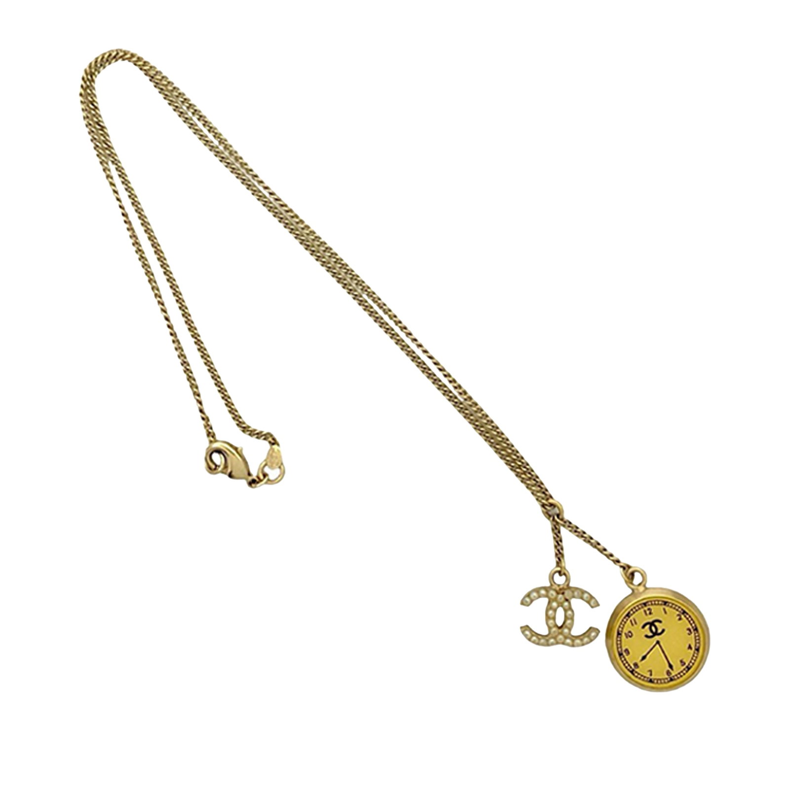 Chanel Clock Pendant Necklace with Faux Pearl Embellished CC Gold Plated (1 of 6)