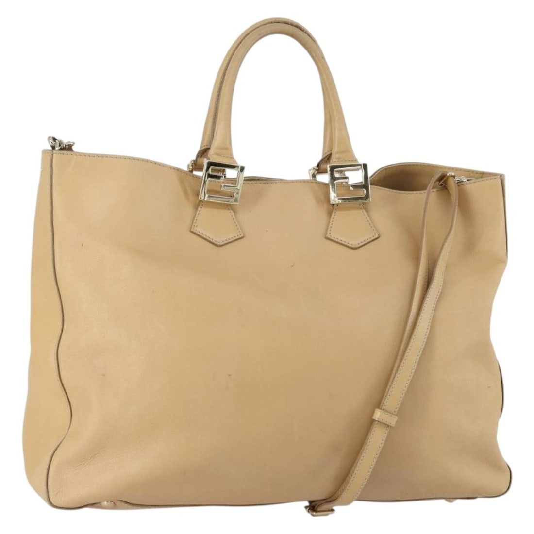 Fendi Leather Twins Tote Bag Beige 40cm by 30cm by 15cm: Fendi Leather Twins Tote Bag Beige 40cm by 30cm by 15cm This pre-owned Fendi Twins Tote for women features beige leather construction with a spacious design. The bag shows signs of use including surfa