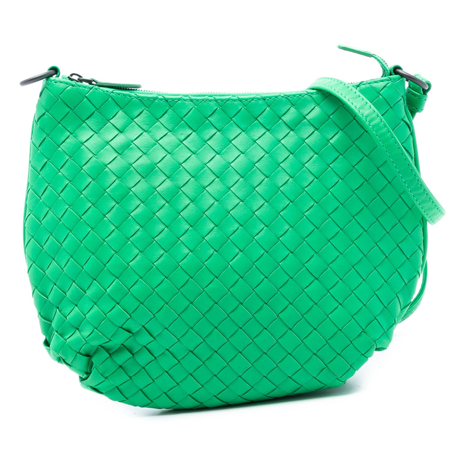 Green Leather Intrecciato Shoulder Bag by Bottega Veneta: Green Leather Intrecciato Shoulder Bag by Bottega Veneta This shoulder bag features Bottega Veneta's signature woven leather design, complemented by a flat leather strap and a top zip closure. The bag