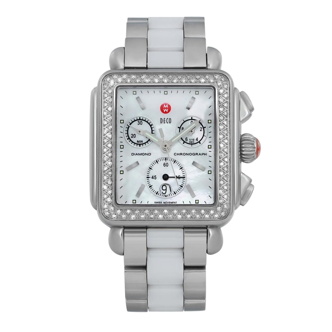 Michele Deco 33MM Ladies Watch MOP Dial Quartz Gray Ceramic Steel: Michele Deco 33MM Ladies Watch MOP Dial Quartz Gray Ceramic Steel The Michele Deco Chronograph is a sophisticated 33MM wristwatch designed for ladies, featuring a stunning Mother of Pearl dial that ad
