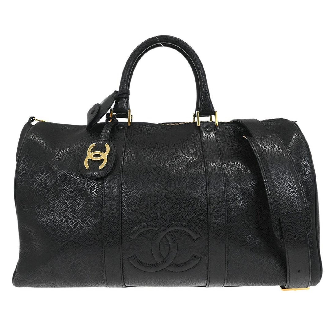 Black Leather Extra Large Duffle Bag with Logo by Chanel: Black Leather Extra Large Duffle Bag with Logo by Chanel This Chanel black calfskin duffle bag features an extra large size, designed with a spacious interior and inner pockets for practical storage.