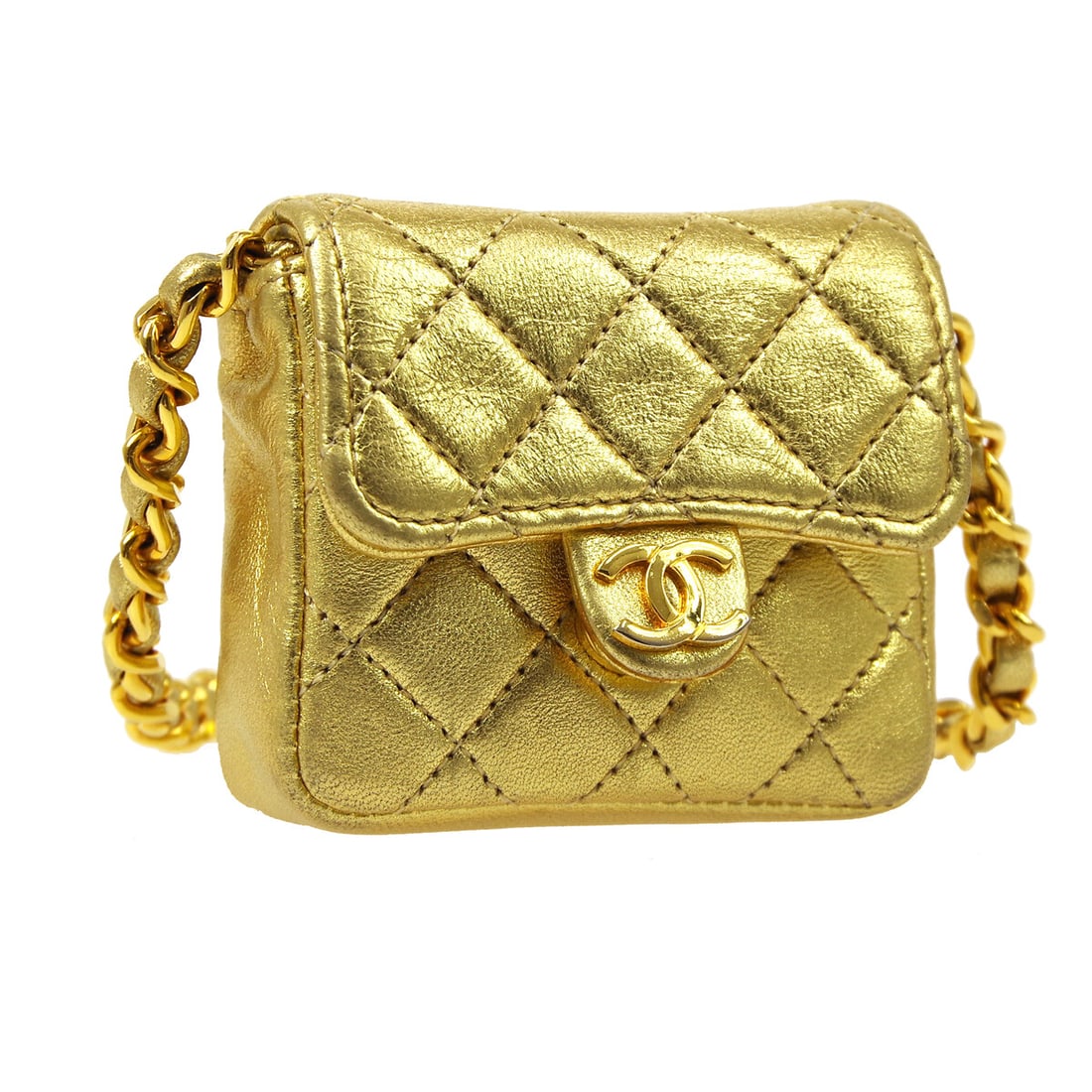 Chanel Gold Lambskin Micro Classic Flap Shoulder Bag Pochette: Chanel Gold Lambskin Micro Classic Flap Shoulder Bag Pochette Discover the elegance of the Chanel Gold Lambskin Micro Classic Flap Shoulder Bag Pochette. This mini shoulder bag features a chic matelas
