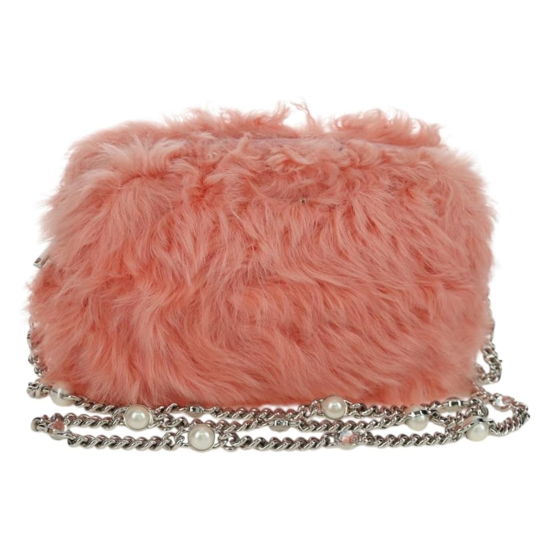 Pink Fur Shoulder Bag with Chain Strap by Miu Miu Silver Accents: Pink Fur Shoulder Bag with Chain Strap by Miu Miu Silver Accents This Miu Miu chain shoulder bag features a luxurious pink and silver fur exterior, offering a bold and stylish look. Designed for women