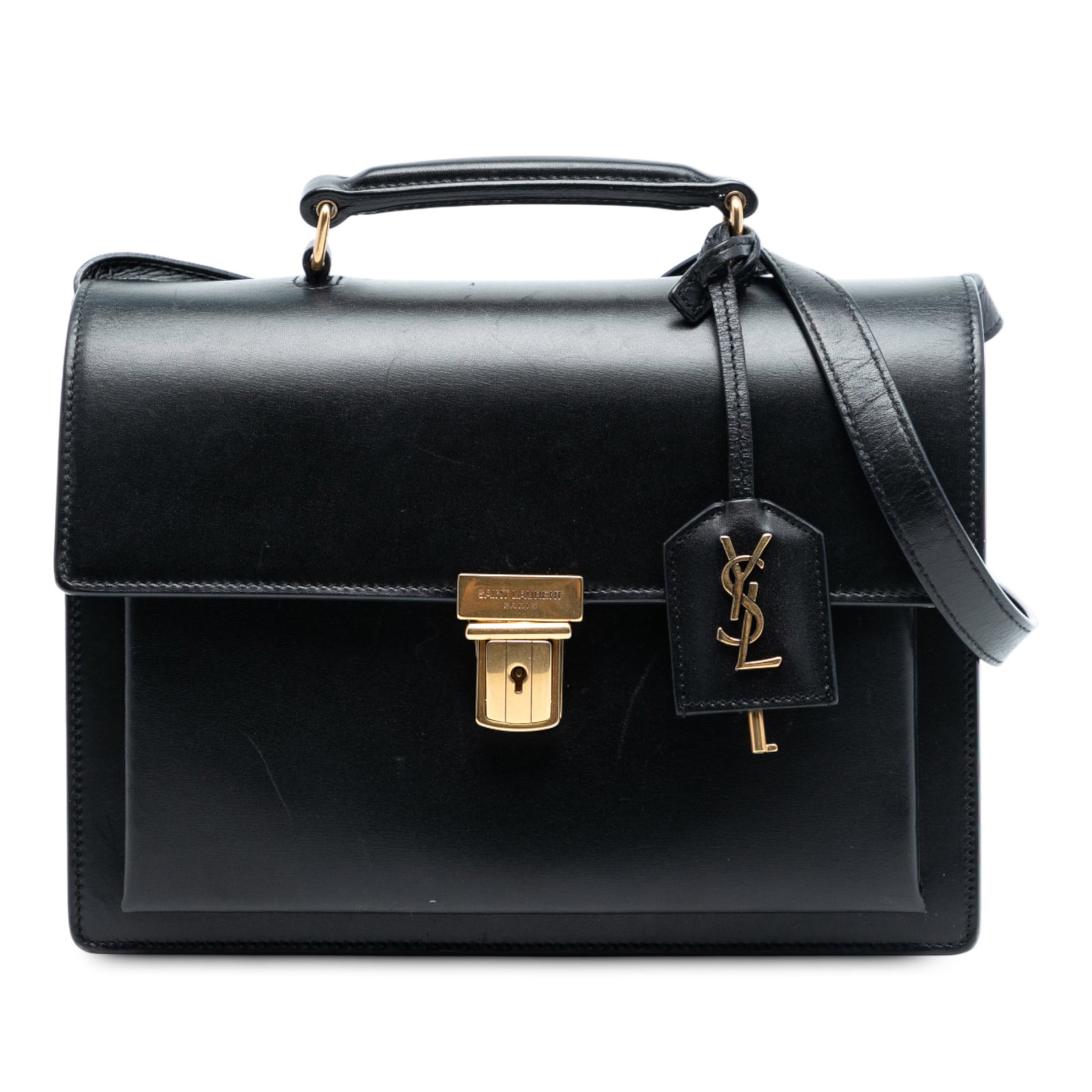 Black Leather Medium High School Satchel by Saint Laurent with Detachable Strap: Black Leather Medium High School Satchel by Saint Laurent with Detachable Strap This Saint Laurent Medium Leather High School Satchel features a black leather body with a rolled top handle, a detachab