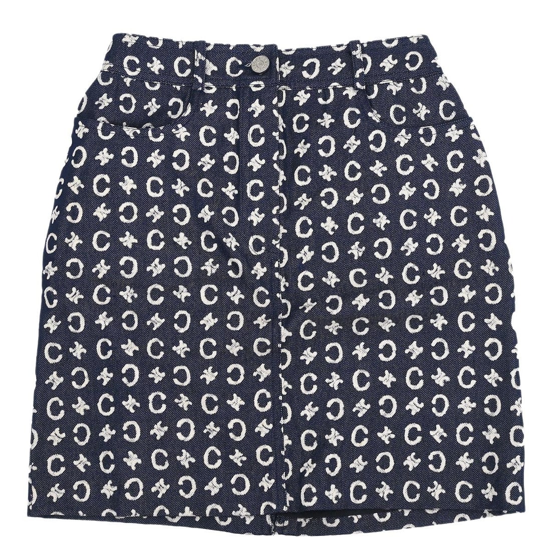 Indigo Macadam Straight Short Skirt by Celine Size 34: Indigo Macadam Straight Short Skirt by Celine Size 34 This Celine skirt features the iconic Macadam denim in indigo, crafted from a blend of 71% cotton and 29% silk. With a straight and pencil silhoue