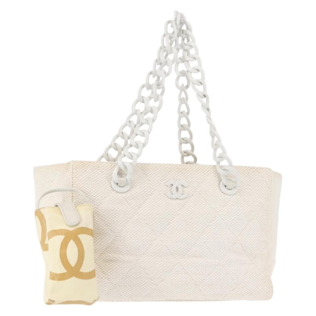 CHANEL Gold White Wood Chain Tote Bag Auth BA6435 Italy: CHANEL Gold White Wood Chain Tote Bag Auth BA6435 Italy This stylish CHANEL Tote Bag features a unique wood exterior in a striking gold and white color scheme. Designed for both functionality and eleg