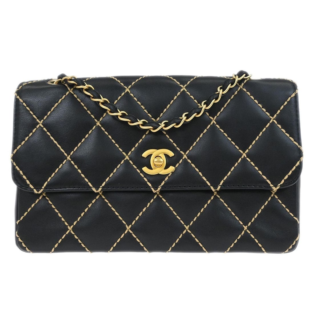 Chanel Wild Stitch Medium Black Calfskin Leather Single Flap Shoulder Bag: Chanel Wild Stitch Medium Black Calfskin Leather Single Flap Shoulder Bag This Chanel Wild Stitch Single Flap Shoulder Bag is crafted from black calfskin leather and features a turn lock closure. The